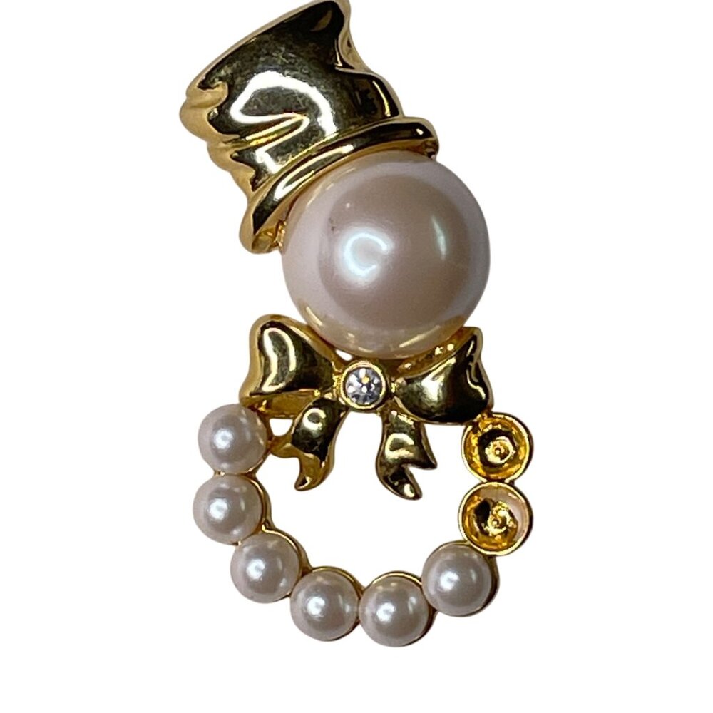 Vintage Avon Gold-Tone Snowman Brooch With Faux Pearls Rhinestone u